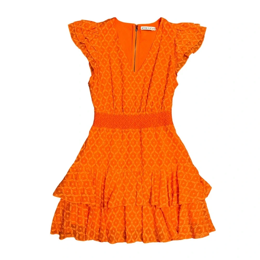 Alice + Olivia Markita Orange Silk Blend Geometric Ruffle Mini Dress sienna 4 - Picture 2 of 8